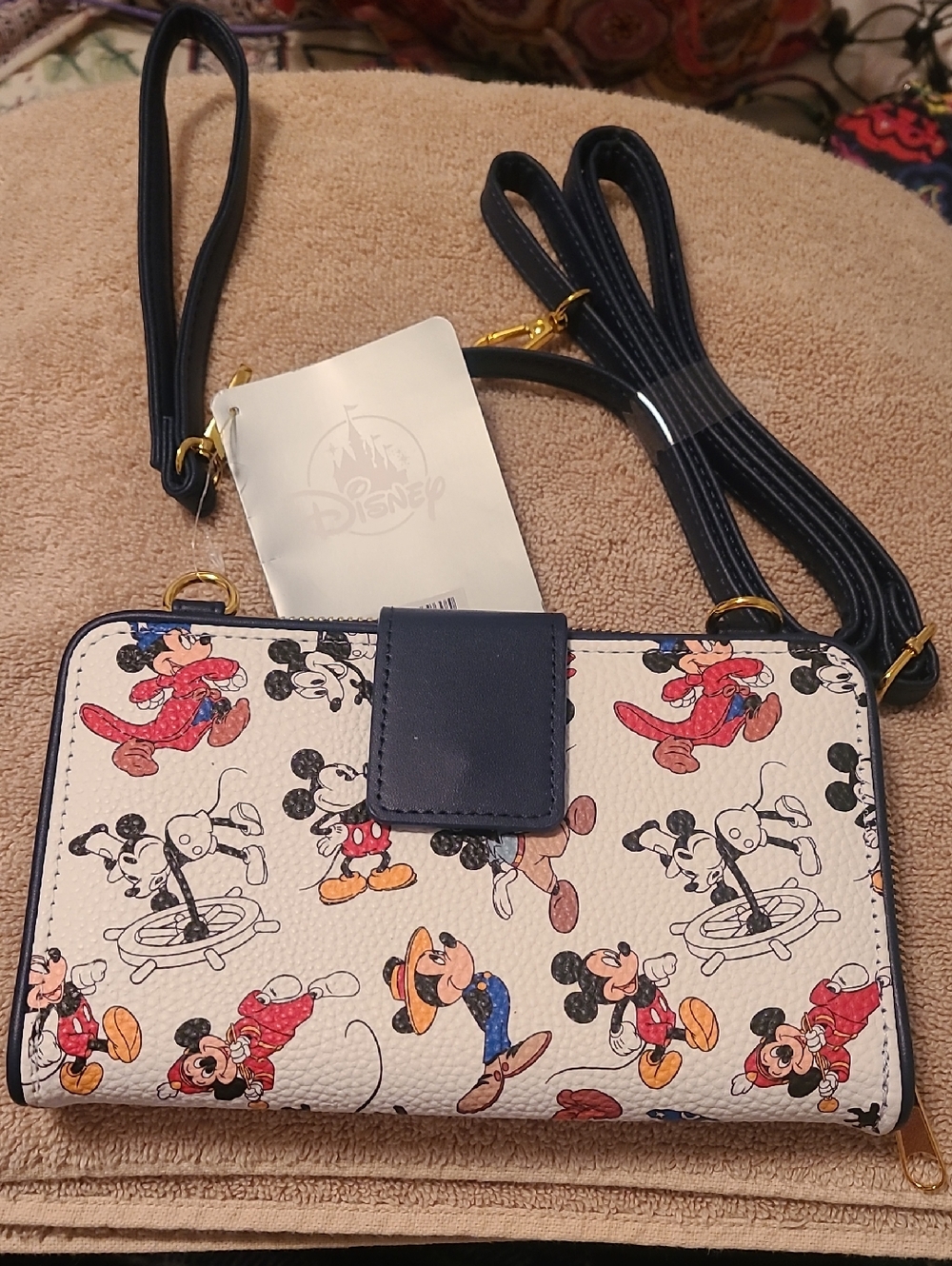 Disney White Multi-Color Mickey Mouse Crossbody Wallet with Navy Trim